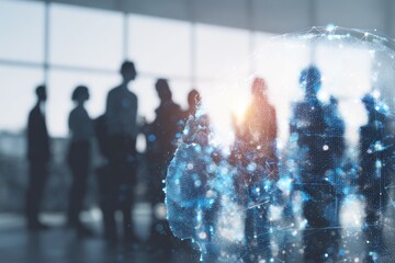 Business meeting silhouettes overlaid with a glowing digital globe graphic.