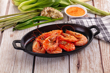 Delicous boiled tiger prawn with sauce