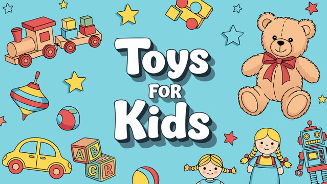 Playful toys for kids on bright blue background. Train, teddy bear, spinning top, building blocks, robot, and doll depict classic toys for kids. Cheerful toys for kids design for children promotion.