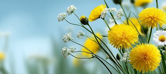 Vibrant Yellow Field with Dandelions Under a Bright Summer Sun in a Serene Nature Landscape Scene