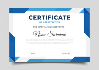 Business certificate template design with blue geometric border frame decoration