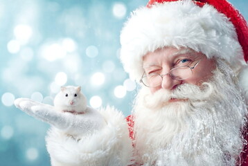 Close-up of Santa Claus with a small white hamster on his hand, squinting through his glasses, with space for text. Concept of gifting a pet for New Year or Christmas. 