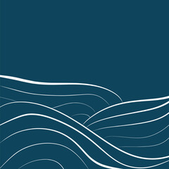 Minimalist vector background featuring clean, white curved lines resembling abstract waves or ocean swells against a deep navy blue background, ideal for digital banners, marine themes, or modern webs