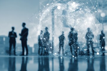 Silhouettes of business people with a glowing digital globe overlay.