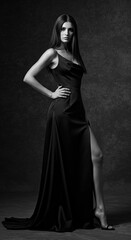 Fototapeta premium Elegant woman with long hair in a black evening dress with a high slit posing in a studio