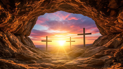 Empty Tomb Cave Opening with Three Crosses at Sunset. Symbol of Easter Resurrection and Christian Hope.