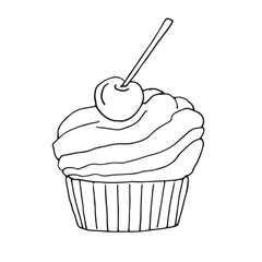 Cupcake with cherry element, hand drawing, vector illustration