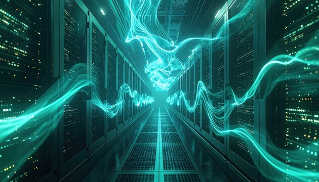 Data Center with Flowing Light Streams: High-Tech Server Room Visual - Powered by Adobe