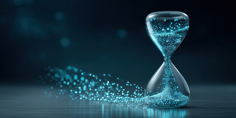 Futuristic hourglass with glowing digital particles and e commerce concept in cool tones