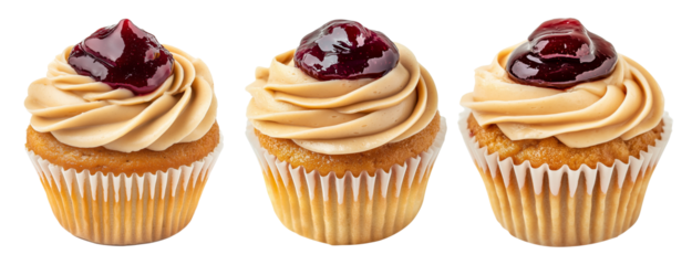 Vanilla cupcake topped with creamy swirl frosting and berry jam, isolated on white transparent background