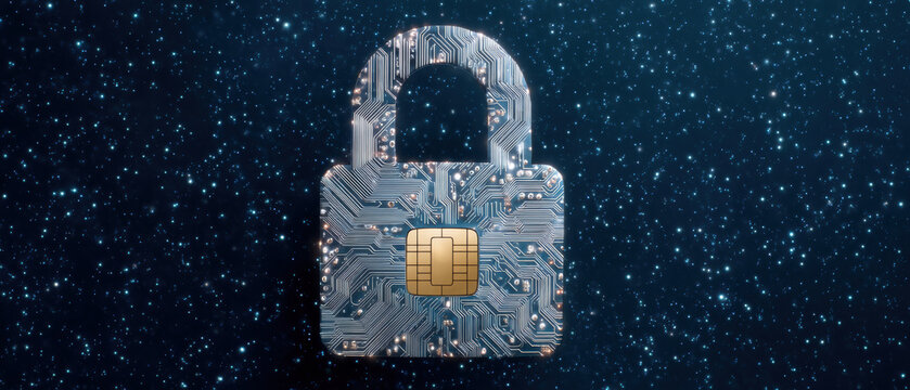 Secure padlock with chip and circuit pattern starry background e commerce cybersecurity concept - Powered by Adobe
