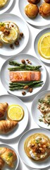 Assortment of gourmet breakfast dishes featuring salmon asparagus and pastries.