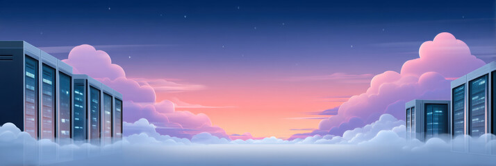 Cloud data center skyline at sunset with clouds and e commerce glow