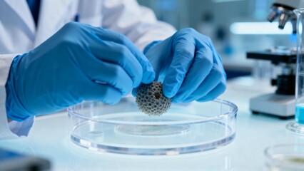 Scientist examining spherical object in lab