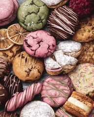 Vibrant Assortment of Colorful Pastries Cookies and Desserts.