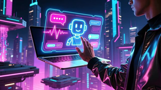 A man reaching toward a glowing holographic ai assistant in city night, chatbot for travel assistance theme