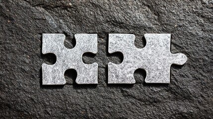 Two Silver Metallic Puzzle Pieces on Rough Stone Surface.