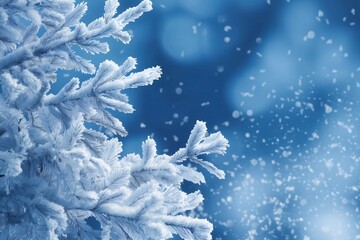 Frosty pine tree branch with fresh white snow on a blue background. Winter landscape for Christmas greeting card, New Year decoration, or seasonal design.