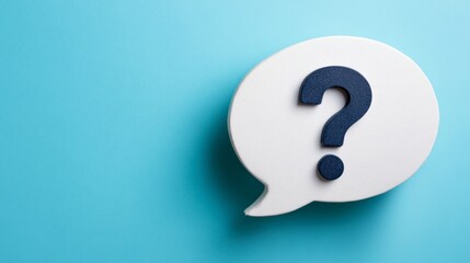 Matte cream speech bubble cutout with navy question mark on smooth turquoise background, ideal for brainstorming and decision-making concepts