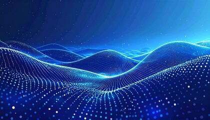 Abstract digital wave background with flowing particles and glowing dots.
