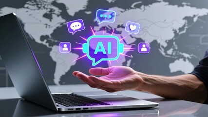 A hand holding a glowing ai chatbot hologram above laptop, futuristic chatbot for travel assistance interaction
