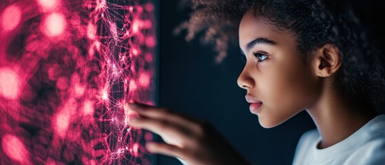 Young woman explores glowing digital network interface, representing future synthetic biology advancements.