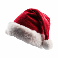 Realistic red Santa hat with white fur trim and pompom isolated on transparent background.