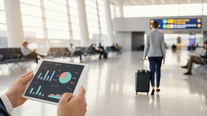 The traveler with suitcase near tablet showing data charts in bright airport, chatbot for travel assistance insight