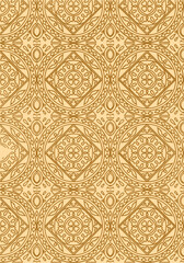 An elegant seamless vector pattern featuring intricate geometric and circular ornamental elements in rich golden-brown lines on a pale beige background, perfect for luxury packaging and classic textil