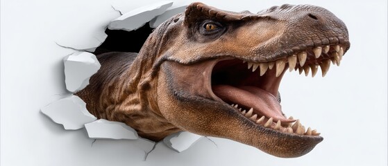 T-rex head breaks through white ceramic wall creating a 3d hole for fun and creative sticker designs
