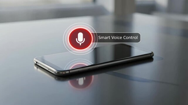 A smartphone glowing with red voice control icon and soft ripples, chatbot for travel assistance interface