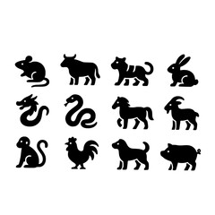 Chinese Zodiac Icons Set Minimalist Silhouette Vector Animals