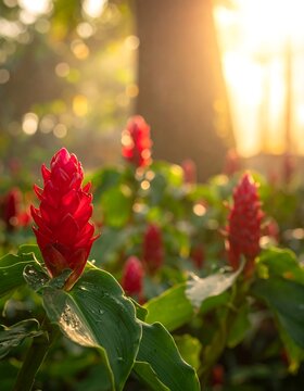 Crimson Costus - A Vibrant Display of Natures Beauty in Golden Light.