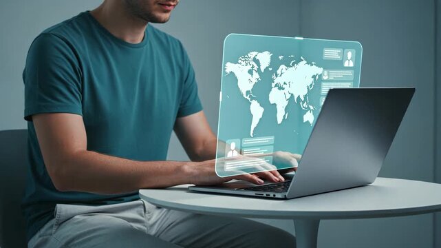 A man using a laptop with holographic chat and world map, modern chatbot for travel assistance communication