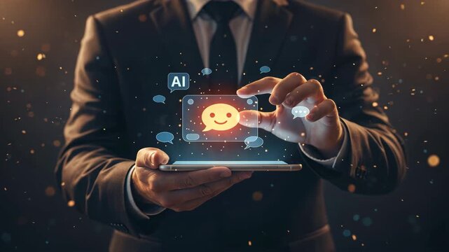 A businessmna using a smartphone with multilingual ai hologram, global chatbot for travel assistance concept