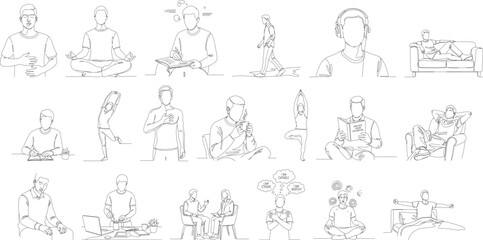 Minimalist Line Art People in Various Poses Outline Illustration Set