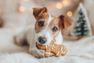 Close-up of brown and white Jack Russell holding decorated gingerbread cookie on white blanket with blurred Christmas tree - cookie baking Christmas