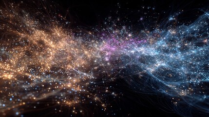 Quantum universe visualization particles forming galaxy clusters abstract link between physics matter mind surreal educational design