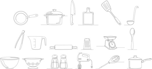 Minimalist Line Art Kitchen Utensil and Cookware Element Illustration