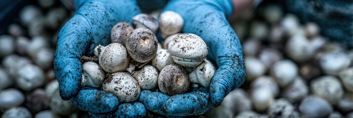 worker hands in blue gloves harvesting fresh white button mushrooms on mushroom farm with soil-covered caps