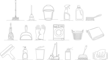 Outline Handdrawn Cleaning Supply Tool and Equipment Household Icon Set