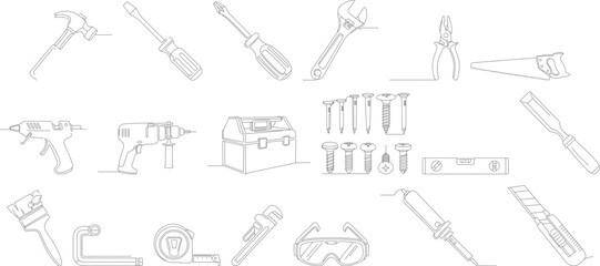Minimalist Line Art Tools and Equipment for Repair and Construction Set