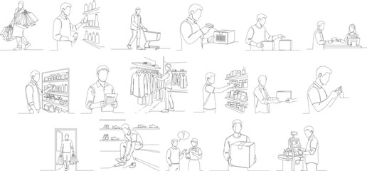 Minimalist Line Art Diverse Workplace People Interaction and Activities Illustration