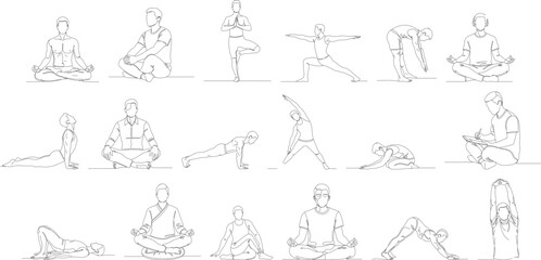 Line Art Simple Yoga Pose Set, Spiritual Wellbeing Activity Illustration