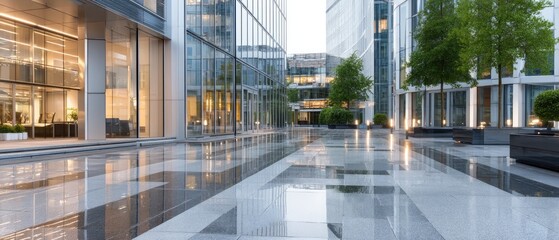 Modern glass buildings reflect sunset light on sleek floors in a luxury urban business center setting