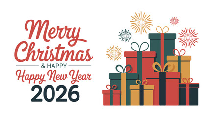 Merry Christmas and Happy New Year 2026 celebration with gifts