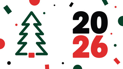 Modern Christmas tree graphic with 2026 text and festive confetti