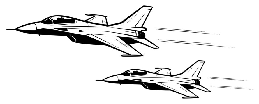Black and white illustration of two military fighter jets flying at high speed