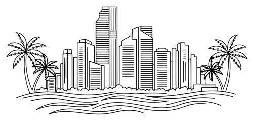 Fototapeta premium Tropical city skyline with skyscrapers and palm trees near ocean