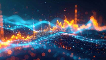 Abstract Data Visualization: Dynamic Blue and Orange Particle Waves on Dark Background